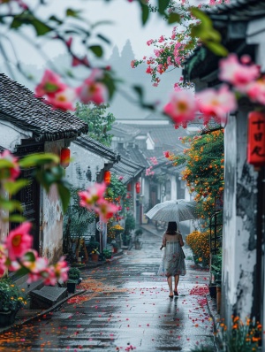 江南古镇，下起了大雨，两边的道路长满了鲜花，五颜六色，非常漂亮，安静，超清画质，超高清晰度，超高分辨率，16k ar 9:16
