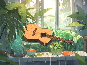 绿植，小吉他，飘窗，客厅，阴天，侧视图