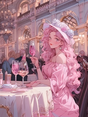 中欧风格宫殿，有一个穿粉色的裙子的女生，披着卷卷的，粉色的头发。手里拿着一杯柠檬水