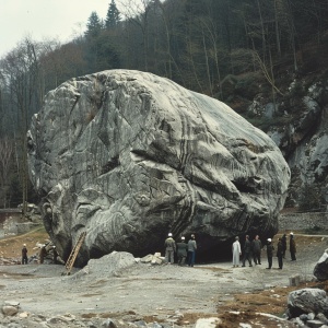一块巨大的石头在荒野里放着，工人们将它雕刻成一个巨大的石器进行展览