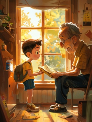 Pixar style illustration of a 4-year-old boy named Xiao Ming with short hair, big eyes, an upturned nose, and a curious expression. He is sitting by the window, looking at an old storybook being handed to him by his grandfather. Xiao Ming is wearing a yellow T-shirt, blue shorts, white sneakers, and has a green backpack. His 70-year-old grandfather, with short hair, big eyes, an upturned nose, is dressed in a dark top and black leather shoes, and is extending the book towards Xiao Ming. The setting is a coz