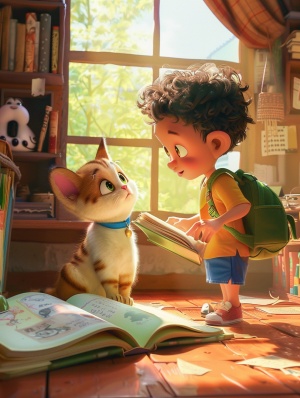 Xiao Ming and the Reading Cat: A Pixar Style Illustration