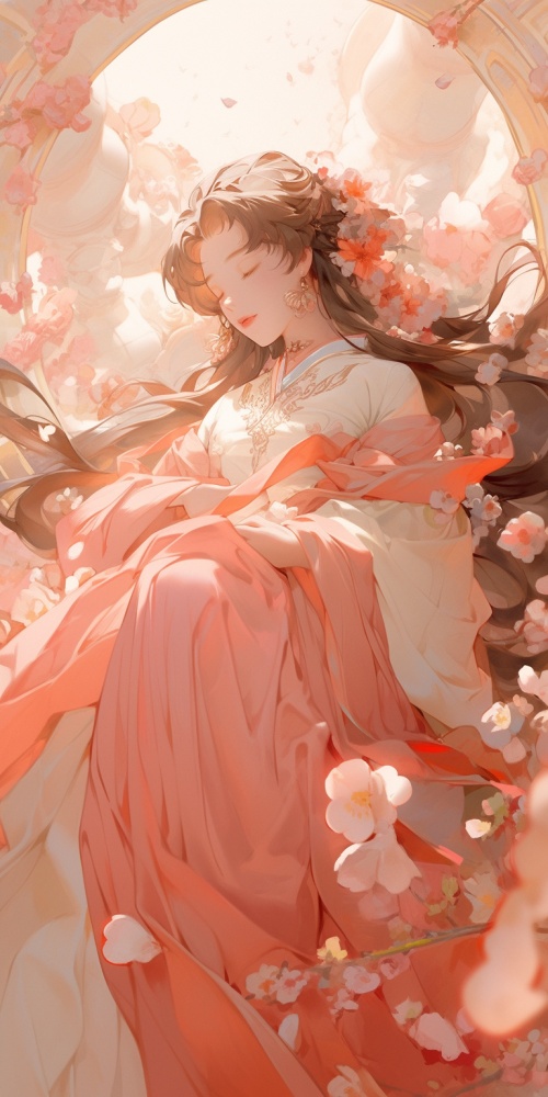 Alphonse Mucha，一个女孩，身穿汉服，古风美女，全身特写，樱花飘落，精美CG,流畅的细节，柔和光线，360全景