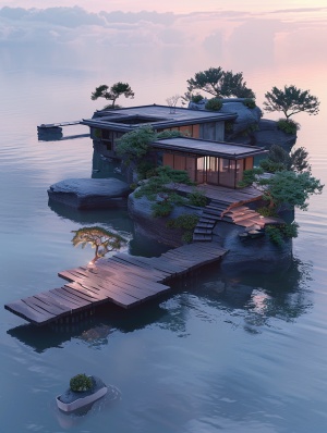 a futuristic Pixar-style treatment of a cement flat island The island has multiple wooden decks on it’s left towards the land The cement island is on the left of the screen The camera angle is 250 ft above sea level It’s DUSK and cinematic The dock is well lit–q