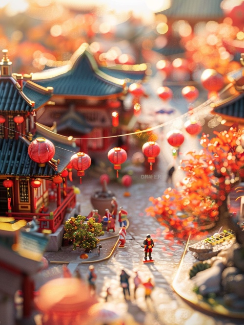 miniature, Super cute clay world, isometric view of Chinese New Year Town, cute clay freeze frame animation, Chinese New Year lanterns, Spring Festival couplets, Peoples gathered outside, tilt shift, excellent lighting, volume landscape, brush rendering, tilt-shift，3D, super detail ar 2:3 style raw stylize 750