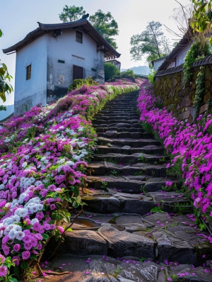 通往山顶的青石台阶两旁铺满了千朵万朵很多很多朵的粉红色，白色紫色玫瑰鲜花，花朵饱满，形成了花海，碧绿的叶子，别具一格漂亮极了，山顶的江南建筑，在阳光明媚下显得格外幽静！