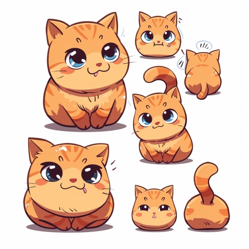 vector, in the style of kawaii, by Akira Toriyama, a fat Ginger kitten has a big head and chubby bady, full body, character pose sheet,white background, high quality, high details -ar 3:4 niji6