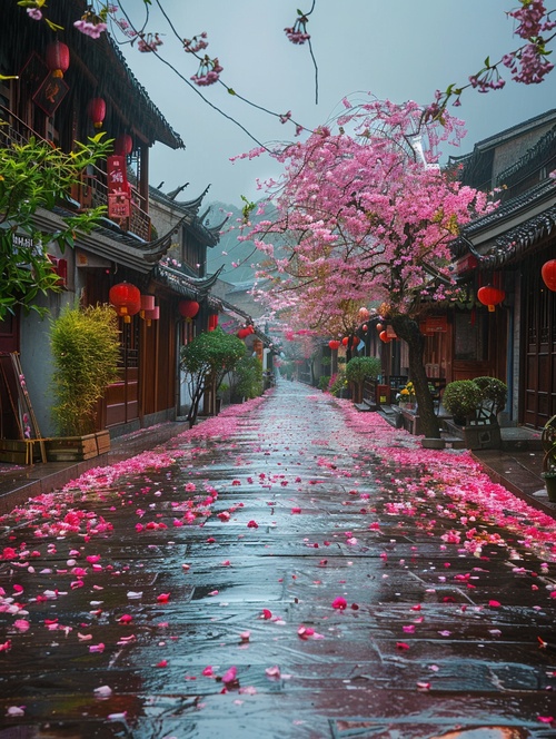 江南古镇，下起了大雨，两边的道路长满了鲜花，五颜六色，非常漂亮，安静，超清画质，超高清晰度，超高分辨率，16k ar 9:16