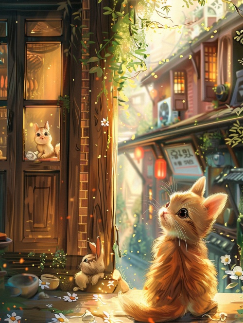 小花猫和小狗，小兔子坐在一起，在小村庄里讲故事