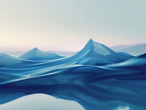 an abstract image of mountainous terrain, in the style of serene maritime themes, luminous 3d objects, rounded forms, calm waters, realistic blue skies, smooth and curved lines, emek golan