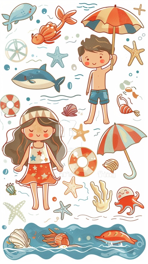 一组情侣夏日海边散步贴纸，大海，浪花，游泳圈，太阳，遮阳伞，沙滩，贝壳小鱼
