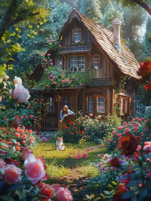 三维秘境，一座木屋中，一个小女孩坐在院子里，旁边一个小猫，房屋是玫瑰花围绕，色彩饱🈵，近景写实，细节清晰