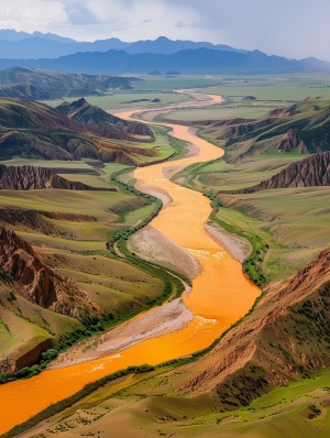 黄河，流水滔滔，是中华大地的摇篮之一，以其蜿蜒曲折的身形和黄土般的色彩象征着中华文明的历史悠久与博大深邃。自青海省的巴颜喀拉山起源，流经九个省市区，最终注入渤海，全长5464公里，以其不竭的奔流，哺育了数千年的人类文明，被誉为中华民族的母亲河。黄河流域风光旖旎，有壮观的壶口瀑布、传统与现代交织的黄土高原等自然及人文景观，是景观与人文并存的代表性地区。尽管黄河面临泥沙淤积、水土流失等挑战，但它依然是中国重要的农业灌溉和水资源，继续滋养着神州大地的每一个角落。