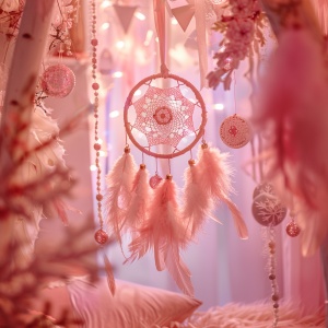 粉色捕梦网悬挂，梦幻小屋，柔和光线，室内装饰，粉色主调，长焦镜头，自然光，静物摄影，宁静，神秘。-