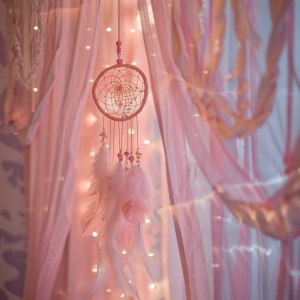 粉色捕梦网悬挂，梦幻小屋，柔和光线，室内装饰，粉色主调，长焦镜头，自然光，静物摄影，宁静，神秘。-