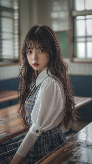 A very beautiful high school girl wearing a white short-sleeved uniform and plaid pleated skirt, with long hair and bangs hanging down slightly, standing in the classroom next to her desk, looking at the camera in a full body photo with real skin texture and super details from professional, high-definition 8K photography while in . ar 3:5