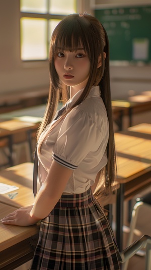 A very beautiful high school girl wearing a white short-sleeved uniform and plaid pleated skirt, with long hair and bangs hanging down slightly, standing in the classroom next to her desk, looking at the camera in a full body photo with real skin texture and super details from professional, high-definition 8K photography while in . ar 3:5