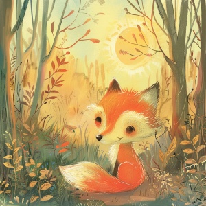 一只可爱的小狐狸，眼中闪烁着坚定的光芒，身后是茂密的森林和初升的太阳。