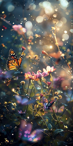 Sparklecore Garden , Moonbeams , Shining Flowers , Enchanting Moonbeams , Botanical Scene , glistening Morning Dew shaded , Leon Bakst , wide angle , Cinematic Lighting , clean and Floral background ，Butterflies are fluttering among the flowers.