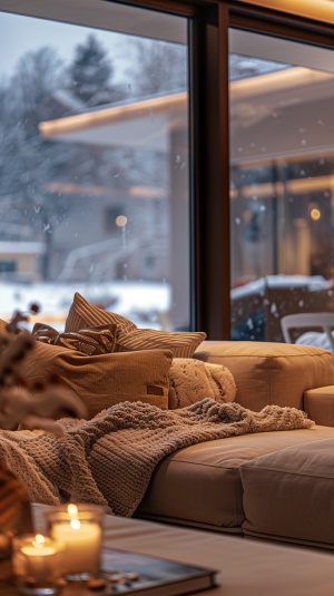 On a cold snowy night, in a warm living room in a small Swiss town, light-colored sofas, blankets, simple and luxurious interior decoration, heater,panoramic oversized floor-to-ceiling Windows, the view outside the window is wide, warm color,real, high-definition