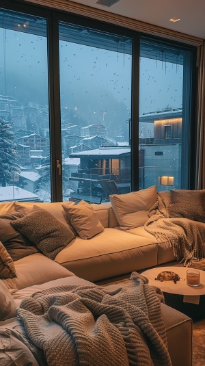 On a cold snowy night, in a warm living room in a small Swiss town, light-colored sofas, blankets, simple and luxurious interior decoration, heater,panoramic oversized floor-to-ceiling Windows, the view outside the window is wide, warm color,real, high-definition