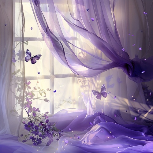 美的如一幅画 画面干净简约，画面中有一扇窗户，上面是 淡紫白色窗帘，窗帘被风吹的飘起，飘逸， 光从窗户照进来，洒在几点小花上， ，在窗帘后面飞舞着几只深紫色的蝴蝶，蝴蝶随着光飞舞