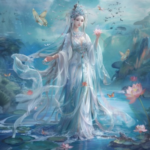 以斗罗大陆为主题，古风。站在与天空连接在一起的蓝色湖面上，左手释放出一朵发出光芒的，白色中透着淡粉的荷花，淡蓝色的古风长发，发簪上是蝴蝶和荷花，穿着古风的到膝盖的裙子，背后有光明女神蝶的翅膀。