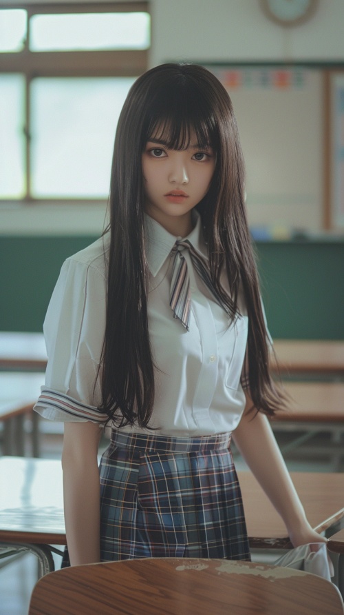 A very beautiful high school girl wearing a white short-sleeved uniform and plaid pleated skirt, with long hair and bangs hanging down slightly, standing in the classroom next to her desk, looking at the camera in a full body photo with real skin texture and super details from professional, high-definition 8K photography while in . ar 3:5