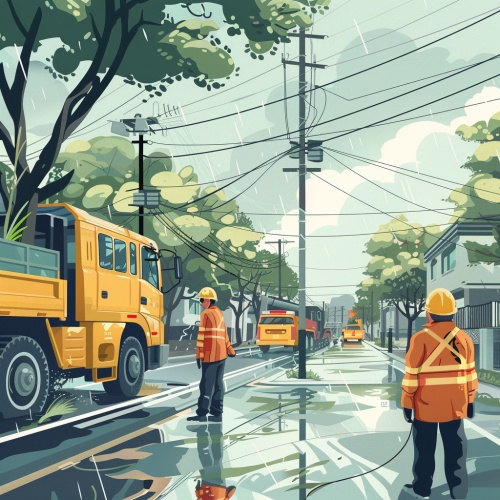 雨季三防漫画，工作人员在进行防洪，防排水，防雷电工作，工作人员们在热火朝天的在雨中疏通下水道。要动画风格