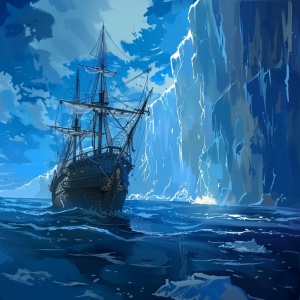 一艘较大木船只，行驶在海洋上，海水深蓝色，前面是直冲云霄的冰墙，漫画风格