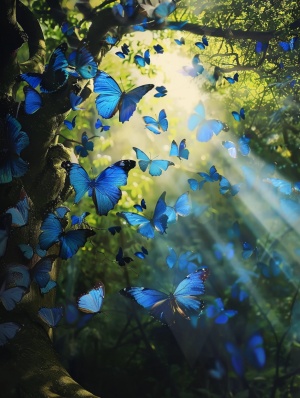 树后的一束阳光 ，一群水蓝色蝴蝶逐光而去