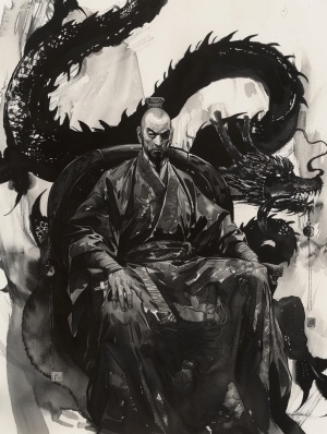 一个古风男人，穿着黑色长袍，面容消瘦，身高180，坐在龙椅上，身后盘踞着一条黑色的中国龙