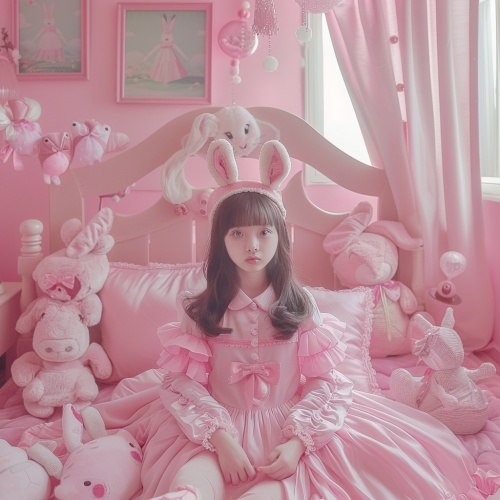萌萌的三四岁少女，粉色公主裙，粉色兔子耳朵，呆呆的，在粉色堆满兔子玩偶哦的房间里，可爱风格