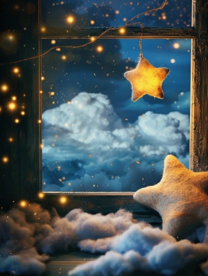 一颗星星从夜空中缓缓下降，穿过云层，接近杰米的窗户。星星在窗外轻轻敲窗，杰米惊讶地转身。