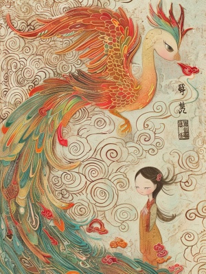 中国国风插画，凤凰，线条细腻，宋徽宗，克鲁姆斯