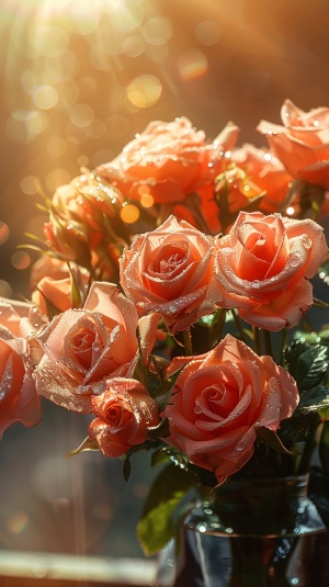 一束放在花瓶里的玫瑰花，花朵上有晶莹的水珠，背景是落日的光辉，阳光透过花瓣，形成了暖色调的光晕，水珠和石板反射出金色的光芒，花朵有精致细节，光线和水珠结合，构成神秘气氛。
