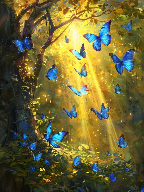 树后的一束阳光 ，一群水蓝色蝴蝶逐光而去