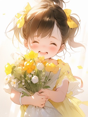 一个可爱的小女孩，飘逸的马尾辫，娃娃脸，手里拿着鲜花，黄色和白色基调，精细的，8k，手绘，_ar3:4-niji5