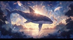 大海里一只如小岛般的鲸鱼，迎着星河在游动。