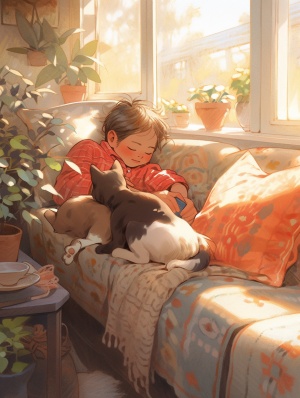 室内的沙发上，小男孩和情猫紧紧依偎在一起，沉浸在甜美的梦乡中，阳光从窗户斜斜地照在他们的身上，营造出一种温馨和安详的氛围。