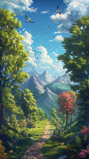 山间一条小路，两边一排排树，树上有鸟，天空有云，地下有草，还有各种各样的动物