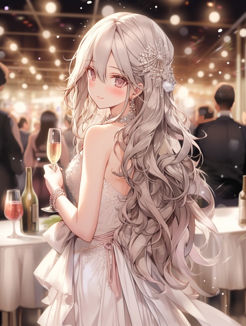 一个骨相完美的长头发女人，穿着白色晚礼服在宴会上