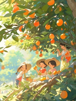 一个充满生机的果园，成熟的果实挂满枝头，散发出诱人的香气。孩子们在树下嬉戏，采摘新鲜的水果，阳光透过树叶，为画面增添了一抹温馨的色彩。