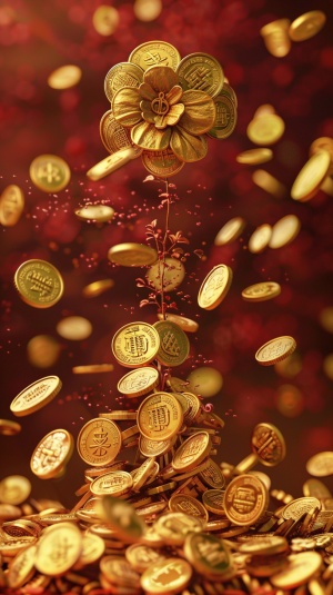 这幅图片展示了一个以金钱为主题的创意设计。在画面中央，一朵由金币组成的花朵吸引了人们的注意，它被放置在一堆散落的金币之上。这些金币上都刻有汉字，为画面增添了一丝神秘感。这些金币散布在画面各处，有一些飞向空中，给人一种运动感和吸引力。金币的颜色和质感都经过精心设计，呈现出一种真实的金属质感，使整个画面显得奢华而富有吸引力。背景采用了深红色，这与金币的黄色形成鲜明对比，突出了主题。在背景中还有一些中文字样，可能暗示着财富、繁荣等含义。总体来说，这幅图片传达了一种关于金钱和财富的概念，将艺术与金钱主题结合在一起，创造了一个引人注目、发人深省的形象。