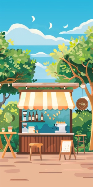 ins 风格 咖啡吧 在公园里 蓝天 清单色彩 卡通风格 手机壁纸格式