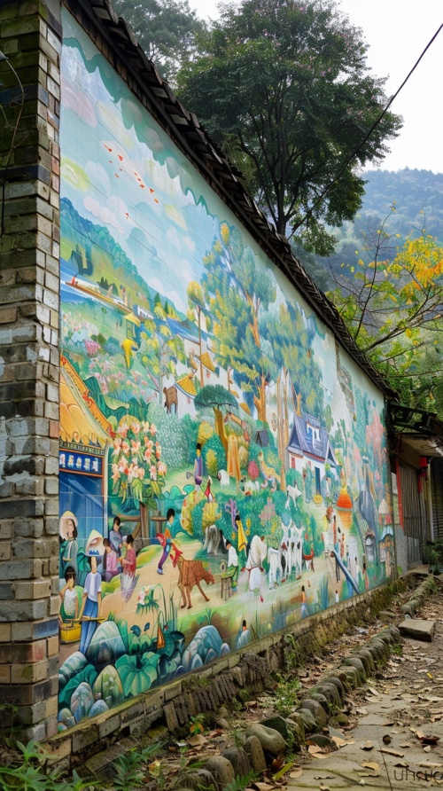 公园边墙壁上 文化墙刚刚画好了一幅长型墙体绘画作品 乡村振兴规划文化墙