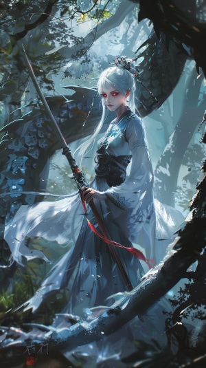 中国女孩，白发赤瞳，蓝色衣服白色裙子，手持长刀，站立在森林中，背后有龙影。