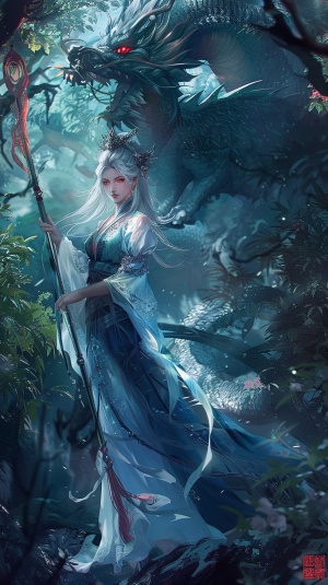 中国女孩，白发赤瞳，蓝色衣服白色裙子，手持长刀，站立在森林中，背后有龙影。