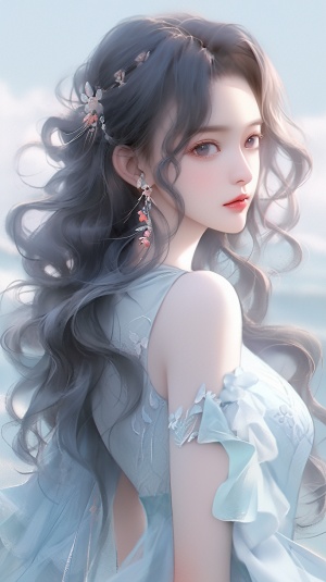 一个美丽的中国女孩，蓝色渐变的长头发，蓝色晚礼服，背景是海洋蓝天白云，白皙的皮肤和大蓝眼睛，一张高品质、逼真的全身肖像，半身像特写，采用Hsiao Ron Cheng的风格，采用粉红色柔和的色彩和空灵的美学。