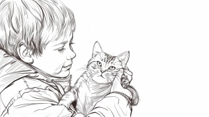 线稿图，小男孩抱着猫